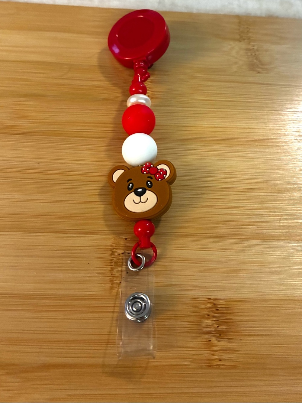 Bear Red, Brown & White Beaded Badge Reel